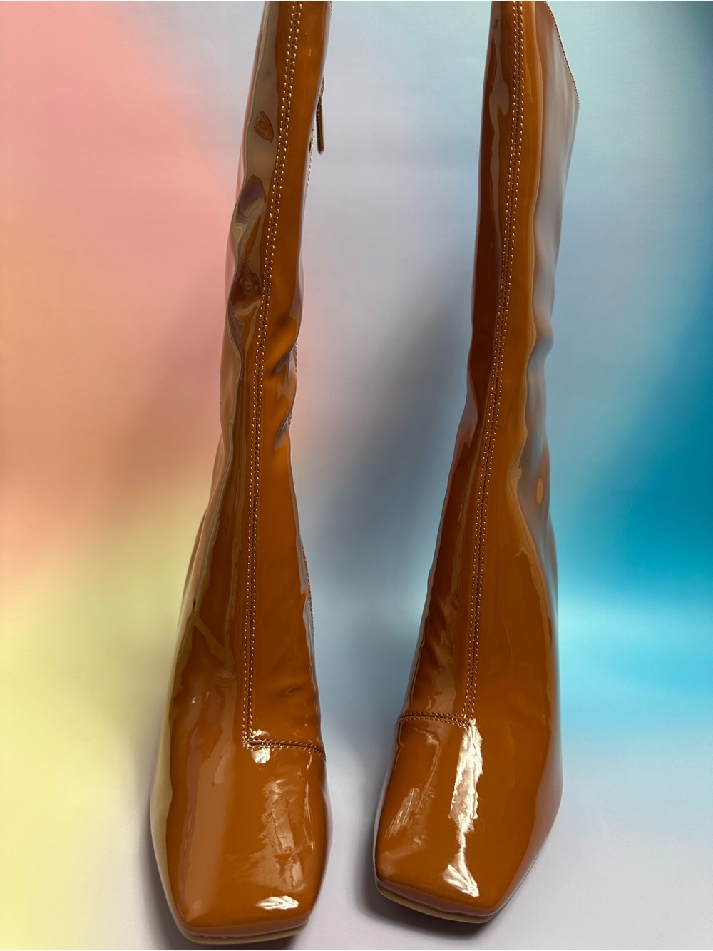Cape Robbin Glossy Cognac Patent Mid-Calf Stiletto Boots - Picture 3 of 6